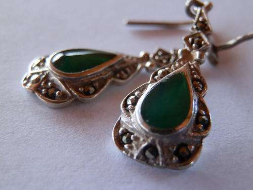 Vintage sterling silver jade and marcasite earrings