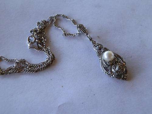 Vintage sterling silver pearl and marcasite pendant and chain - 2 weeks to pay