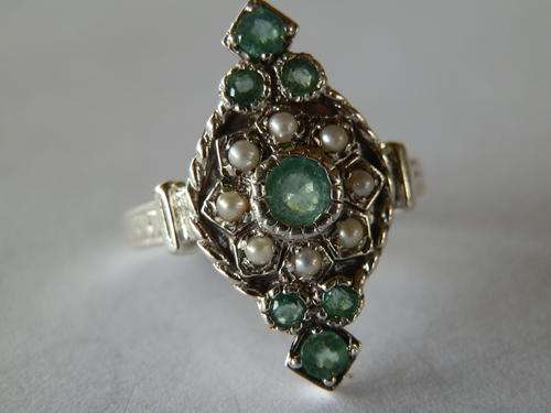 Solid sterling silver Art Deco filigree natural emerald and seed pearl ring. Two (2) weeks to pay
