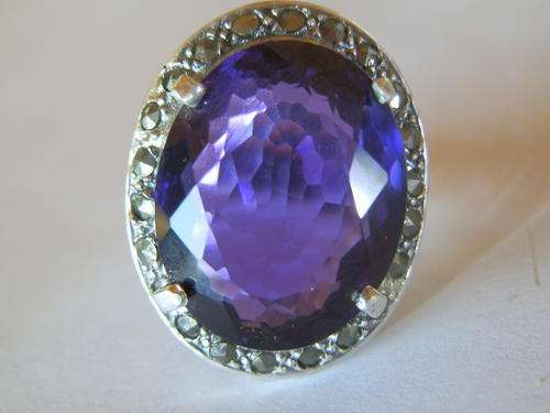 Heavy - 9.3 gram - old vintage sterling silver amethyst and marcasite ring - two (2) weeks to pay