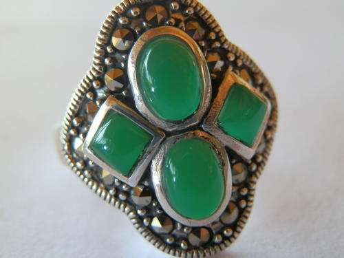 New solid sterling silver natural green chalcedony and marcasite ring - two (2) weeks to pay