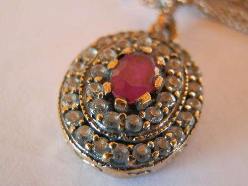 New solid sterling silver natural ruby and white topaz pendant and chain - two (2) weeks to pay