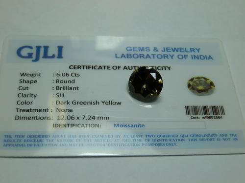 New 6.06 ct dark greenish yellow GJLI certified moissanite diamond - thirty (30) days to pay
