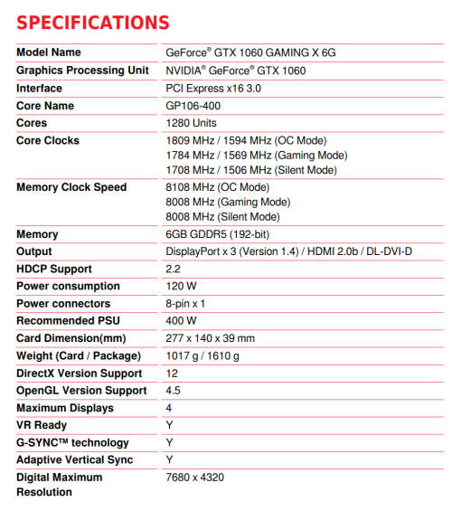 MSI Nvidia Geforce GTX 1060 6GB Gaming X