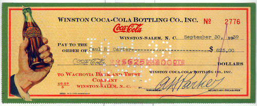 CLASSIC ANTIQUE VINTAGE COCA-COLA COKE CHEQUE FROM 1939 - (ALSO CHECK OUT MY OTHER COKE ITEMS)