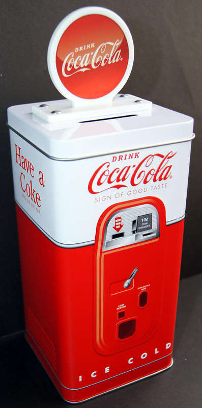 COCA COLA COKE TIN VENDING MACHINE COIN BANK / EMBOSSED LETTERING - NEW MINT CONDITION