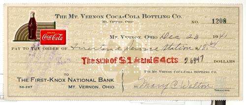 ANTIQUE COLLECTABLE VINTAGE COCA-COLA COKE CHEQUE OF 1941