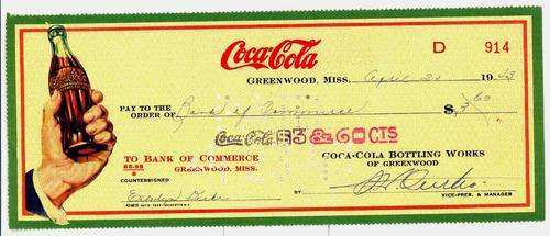 ANTIQUE COLLECTABLE VINTAGE COCA-COLA COKE CHEQUE OF 1943