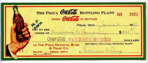 ANTIQUE COLLECTABLE VINTAGE COCA-COLA COKE CHEQUE OF 1947