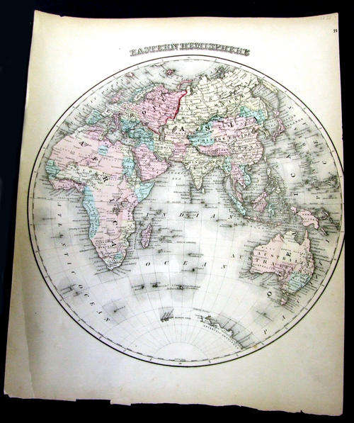 1873 ORIGINAL ANTIQUE MAP OF THE WORLD  EASTERN HEMISPHERE