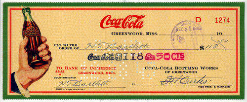 ANTIQUE COLLECTABLE VINTAGE COCA-COLA COKE CHEQUE OF 1943