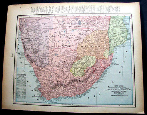 1890's ORIGINAL ANTIQUE MAP OF SOUTH AFRICA