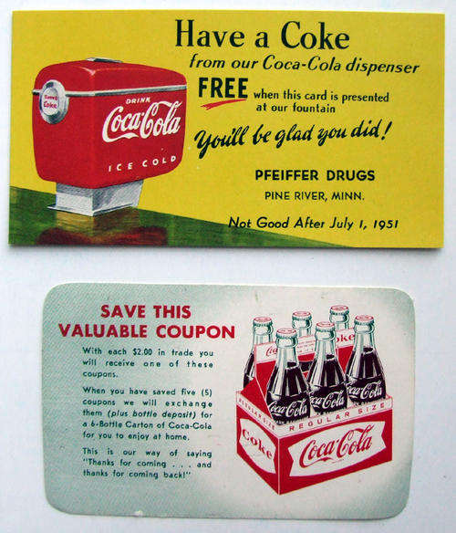 TWO VINTAGE FREE COCA COLA COKE COUPONS - 1951 & 1960's