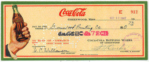 ANTIQUE COLLECTIBLE VINTAGE COCA-COLA COKE CHEQUE OF 1947