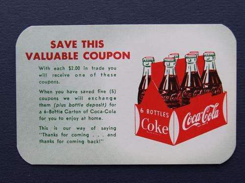 1960's FREE COCA COLA COKE COUPON - EXCELLENT CONDITION