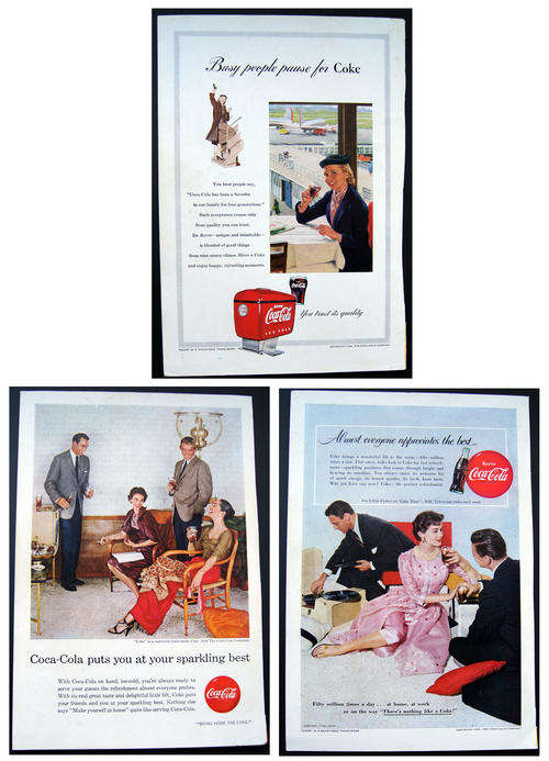 THREE ORIGINAL VINTAGE COCA COLA COKE ADS FROM THE 1950's - OVER 50 YEARS OLD!