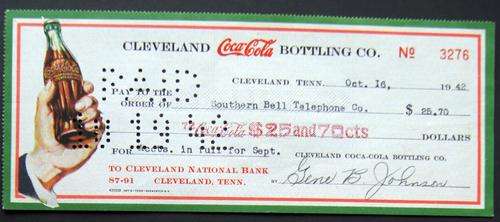 ANTIQUE COLLECTIBLE VINTAGE COCA-COLA COKE CHEQUE OF 1942 - almost 70 years old!