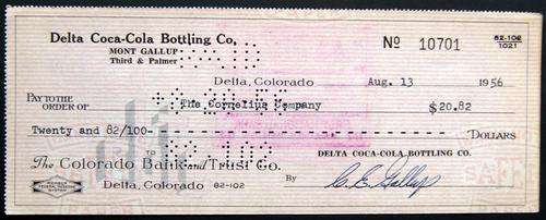 ANTIQUE COLLECTIBLE VINTAGE COCA-COLA COKE CHEQUE OF 1956
