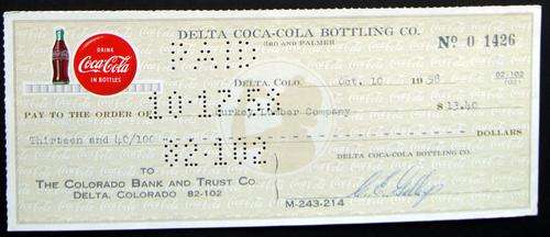 ANTIQUE COLLECTIBLE VINTAGE COCA-COLA COKE CHEQUE OF 1958