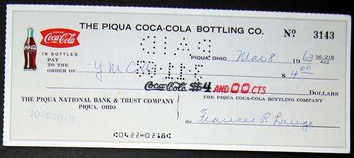 ANTIQUE COLLECTIBLE VINTAGE COCA-COLA COKE CHEQUE OF 1963