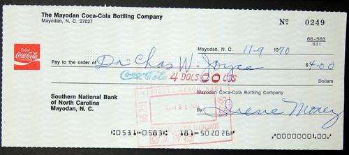 COLLECTIBLE VINTAGE COCA-COLA COKE CHEQUE OF 1970