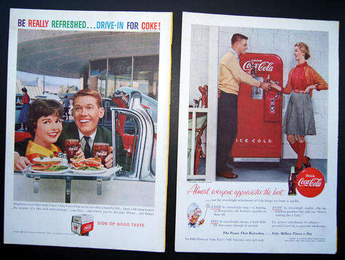 SET OF TWO ORIGINAL VINTAGE COCA COLA COKE ADS FROM THE 1950's