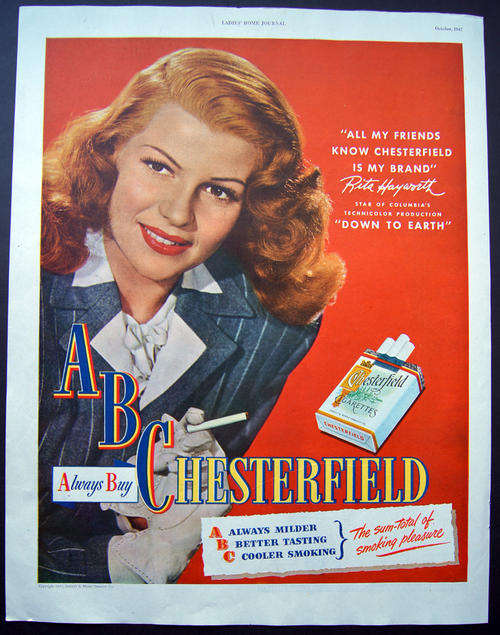 LARGE ORIGINAL VINTAGE CHESTERFIELD AD FROM 1947 ( Rita Hayworth )  - over 60 years old!