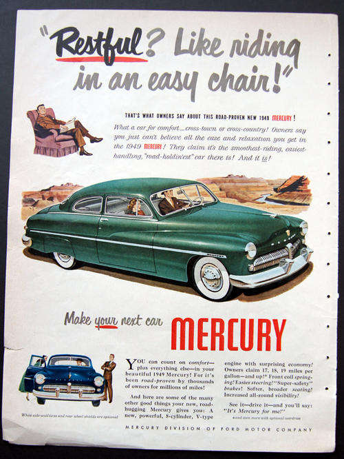 ORIGINAL VINTAGE FORD MERCURY CAR AD FROM 1949 - OVER 60 YEARS OLD (also see my other old car ads)