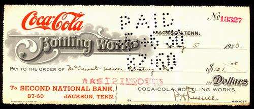 80 YEAR OLD ANTIQUE VINTAGE COCA-COLA COKE CHEQUE FROM 1930