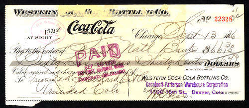 86 YEAR OLD ANTIQUE VINTAGE COCA-COLA COKE CHEQUE FROM 1926