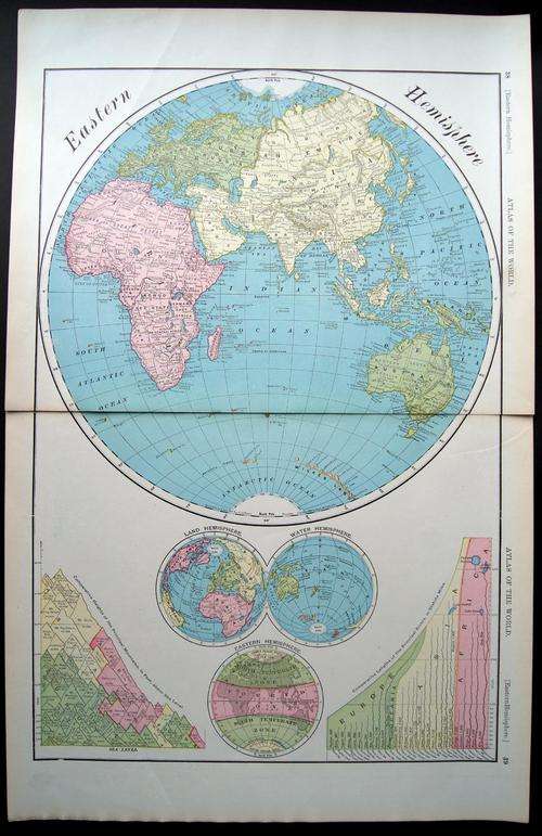 1892 LARGE ORIGINAL ANTIQUE MAP OF THE EASTERN HEMISPHERE - DATED
