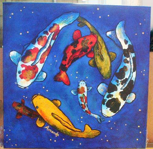 KOI FISH ON BLUE BACKGROUND SIGNED BY AMANDA