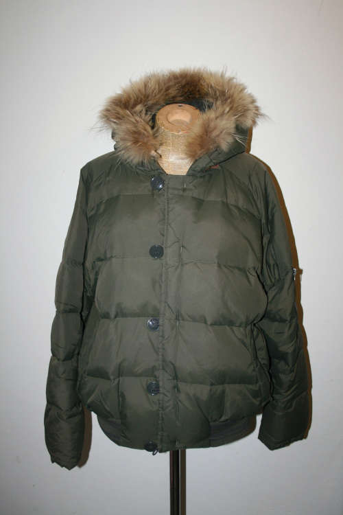 Vintage Mens Khaki Down Feather Hooded Bomber Jacket Size:L