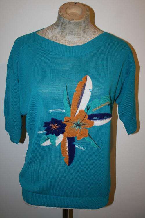 Vintage Sea Green Knitted Top with flower print - Size: L