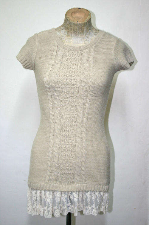 New Beige Knitted Dress with Lace Frill Detail  - Size: S