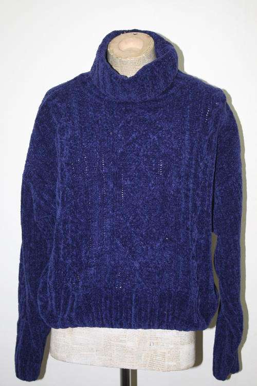 Vintage Blue Velvety Polo-Neck Jersey - Size: XL Bust:128cm