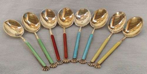 Sterling Silver and Coloured Enamel in-lay Norway Tea Spoons 925S stamped