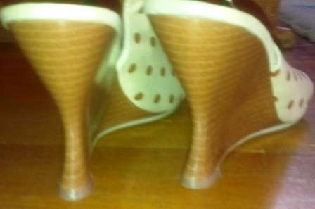 cream and brown-spotted wedge sandals from Rage - peep toe with open heel - R120