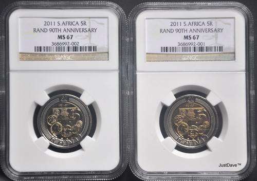 2011 MANDELA - SARB 90th ANNIVERSARY R5 COIN NGC GRADED MS67 - Bid per coin