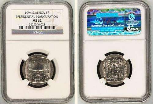 3 x 1994 MANDELA INAUGURATION R5 COIN ~NGC GRADED MS62~ **FRONT FACING**