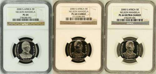 MANDELA 2000 PROOF-LIKE R5 COIN SET ~NGC GRADED PL-64, PL-64 CAMEO and PL-64 ULTRA CAMEO~