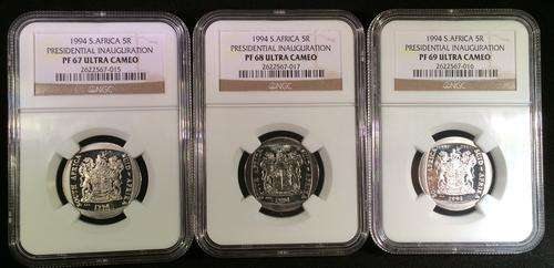 1994 Nelson Mandela Presidential Inauguration Set of 3 coins - PF67; PF68; PF69 All Ultra Cameo