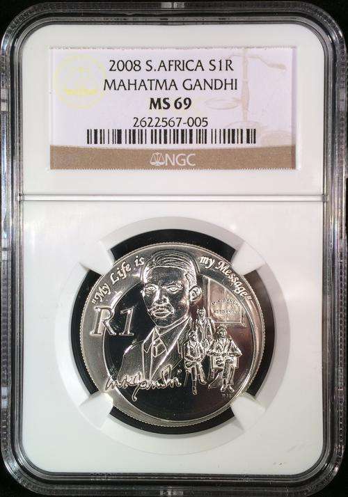 2008 South Africa Mahatma Gandhi Silver R1 - NGC Graded MS69 - HIGHEST GRADE!
