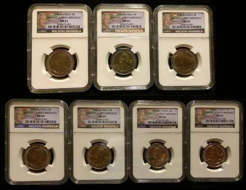 2008 New Nelson Mandela Label 90th Birthday R5 Coin - NGC MS Graded 7 coin Set
