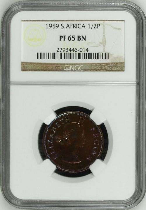 1959 NGC PF65BN South Africa 1/2 Penny - NGC Pop 2/1 AMAZING PURPLE/RED TONING