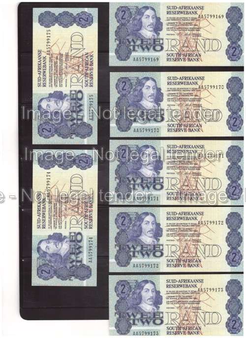 Collection of 7 Uncirculated R2 notes in numerical order AA5799169 to AA5799175