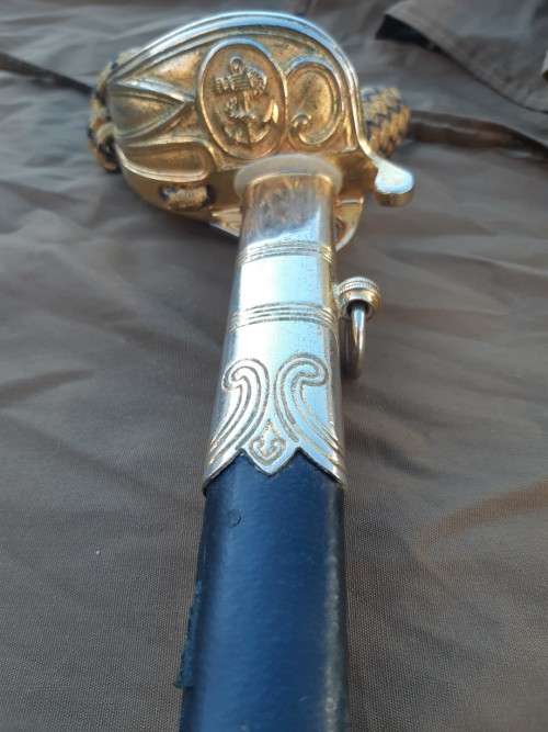 South African Naval Officers sword Pre 1994 with Old South African coat of arms on blade