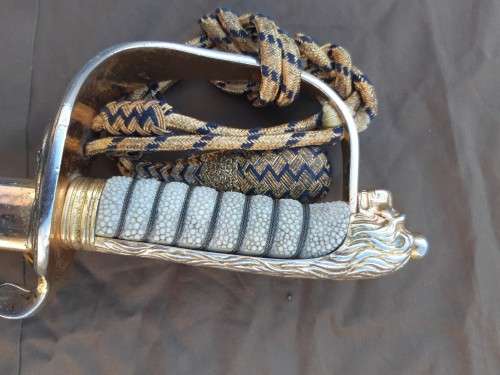South African Naval Officers sword Pre 1994 with Old South African coat of arms on blade
