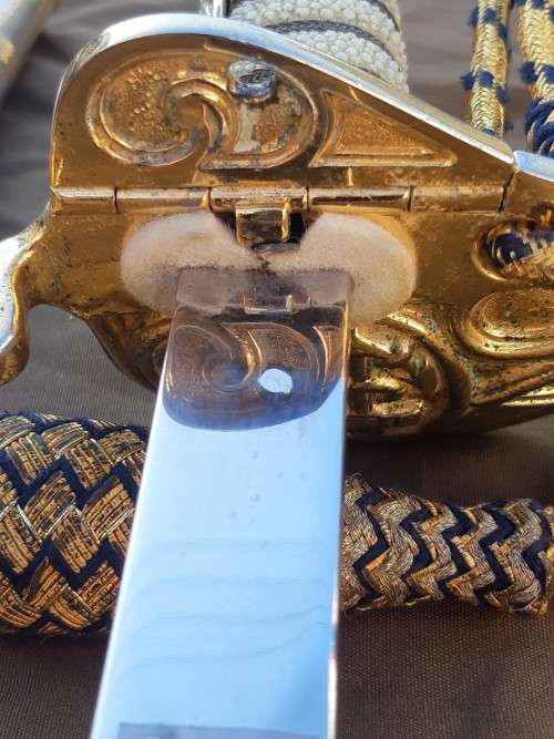 South African Naval Officers sword Pre 1994 with Old South African coat of arms on blade