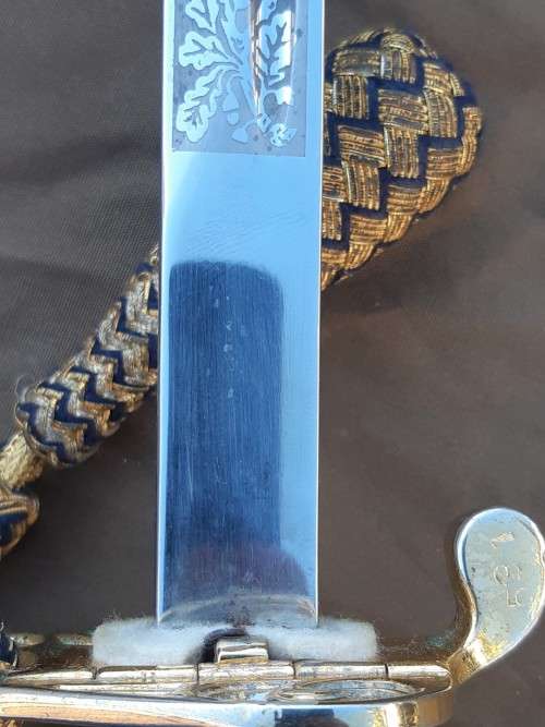 South African Naval Officers sword Pre 1994 with Old South African coat of arms on blade